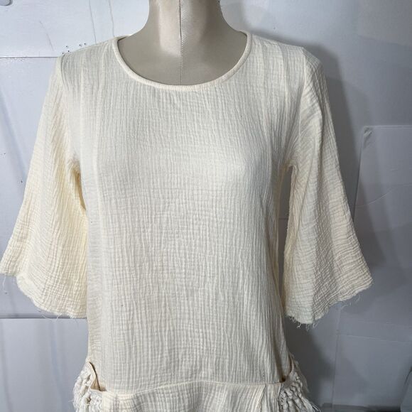 Bird & Knoll Tunic Mini Dress Beige Gauze Crinkle Cotton Lagenlook s/m - Picture 5 of 16